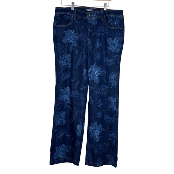 Chico's Denim - Chicos Wide Leg Floral Print Trouser Blue Jeans Women's Size 3/16R Boho Festival